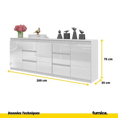 MIKEL - Commode 6 Tiroirs et 3 Portes - Armoire de Rangement pour Couloir / Chambre à Coucher - Buffet - Blanc Matt / Blanc Brillant H75cm L200cm P35cm