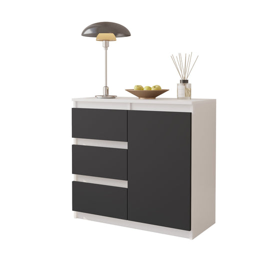 MIKEL - Commode 3 Tiroirs et 1 Porte - Armoire de Rangement pour Couloir/Chambre à Coucher - Buffet - H75cm L80cm P35cm (Blanc/Anthracite)