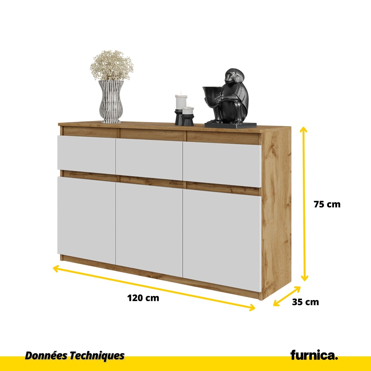 NOAH - Commode 3 Tiroirs et 3 Portes - Meuble de Rangement pour Couloir / Chambre - Buffet - H75cm L120cm P35cm (Chêne Wotan / Blanc)