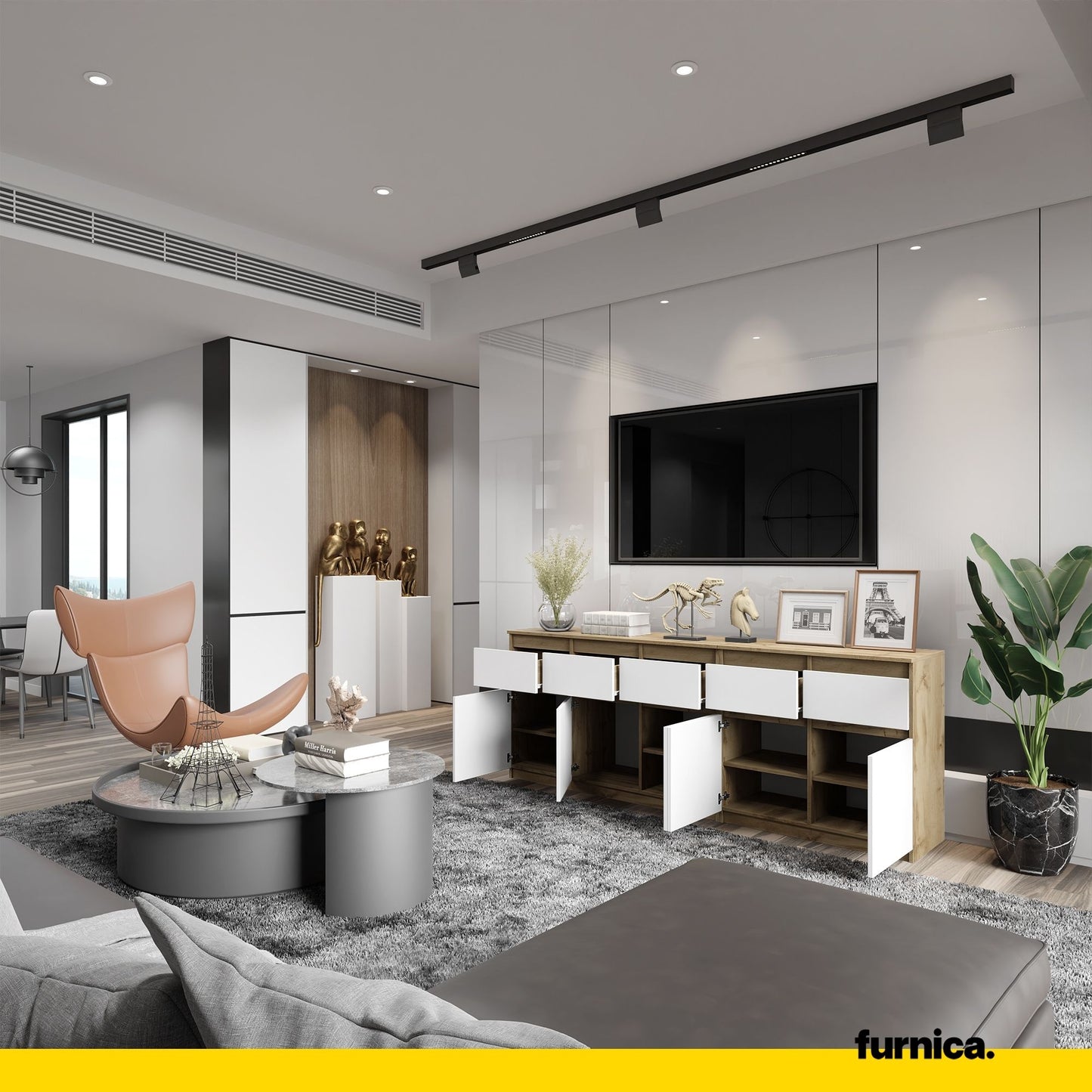 NOAH - Commode 5 Tiroirs et 5 Portes - Armoire de Rangement pour Couloir / Chambre à Coucher - Buffet - Chêne Wotan / Blanc Matt H75cm L200cm P35cm