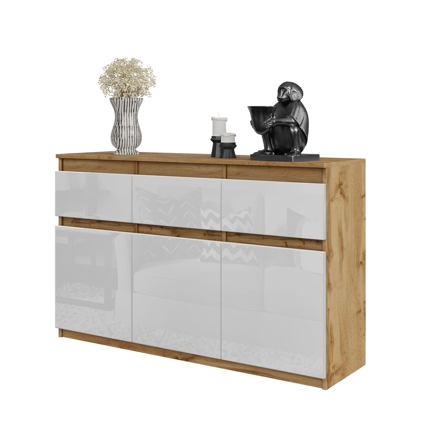 NOAH - Commode 3 Tiroirs et 3 Portes - Meuble de Rangement pour Couloir / Chambre - Buffet - H75cm L120cm P35cm (Chêne Wotan / Blanc Brillant)