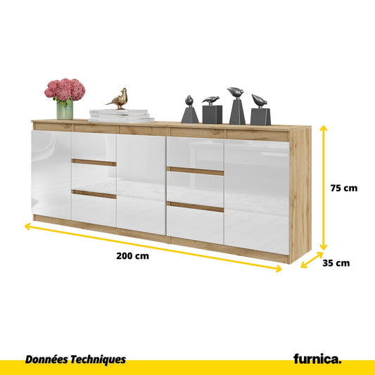 MIKEL - Commode 6 Tiroirs et 3 Portes - Armoire de Rangement pour Couloir / Chambre à Coucher - Buffet - Chêne Wotan / Blanc Brillant H75cm L200cm P35cm