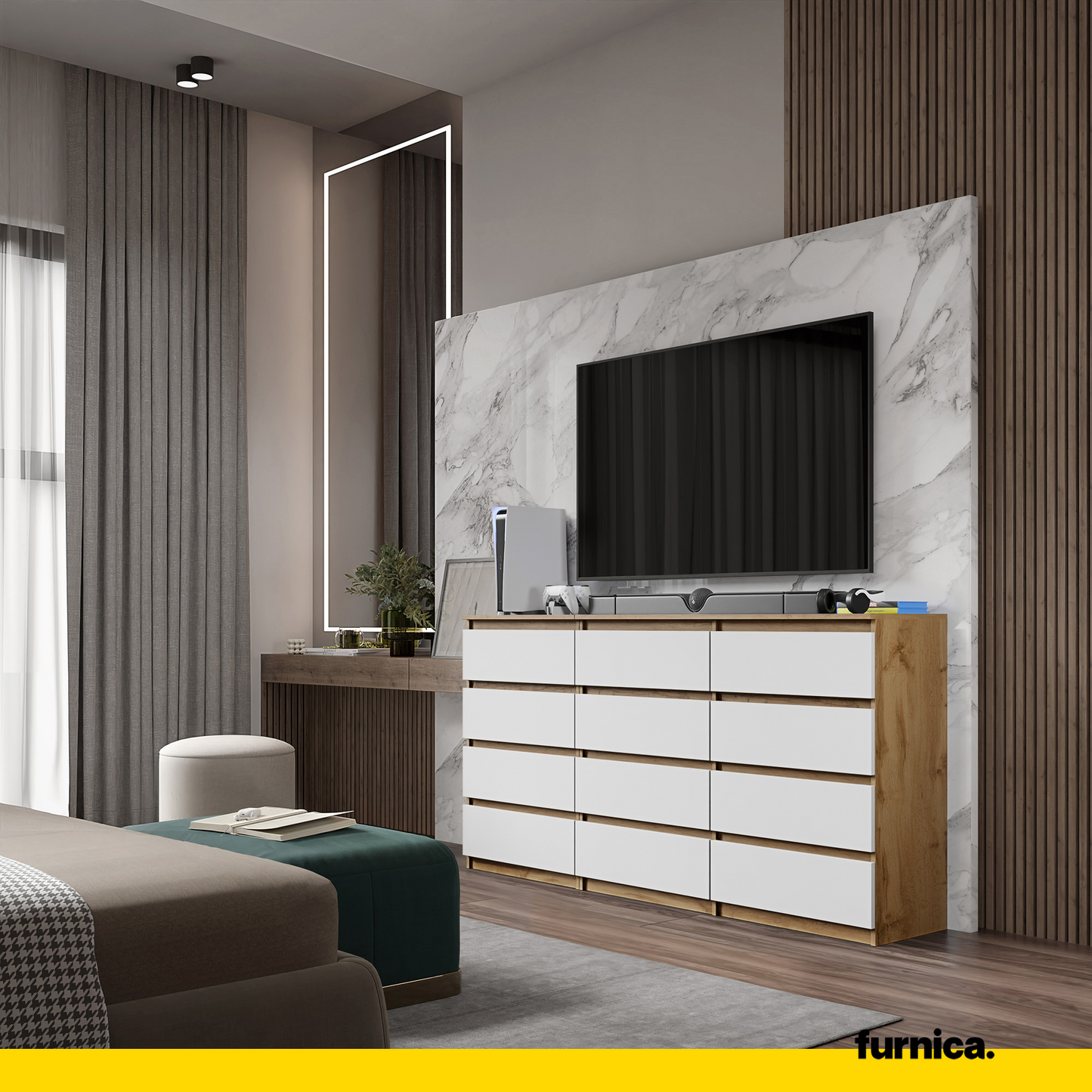 GABRIEL - Commode 12 Tiroirs (8+4) - H92cm L180cm P33cm (Chêne Wotan / Blanc Matt)