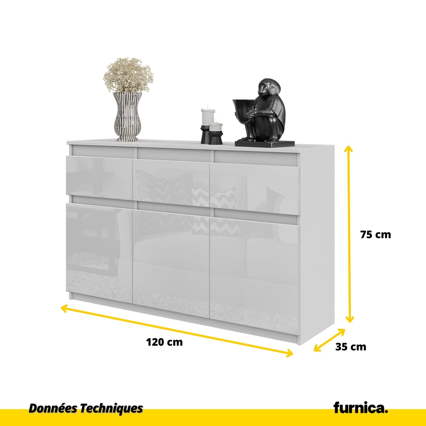 NOAH - Commode 3 Tiroirs et 3 Portes - Meuble de Rangement pour Couloir/Chambre - Buffet - H75cm L120cm P35cm (Blanc Matt/Blanc Brillant)
