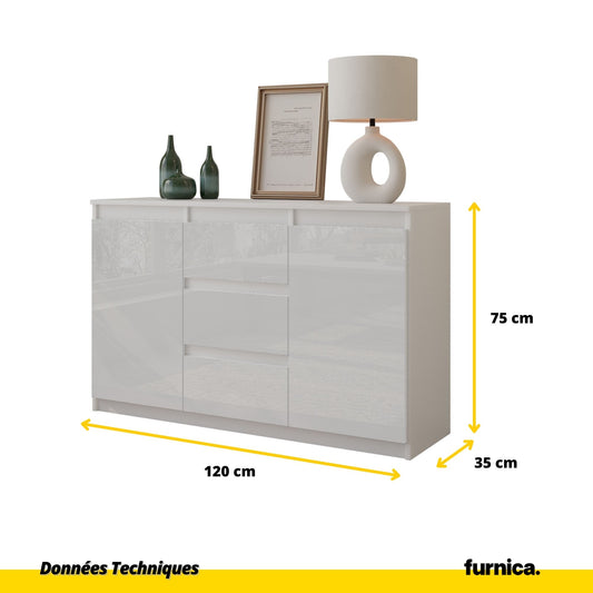 MIKEL - Commode 3 Tiroirs et 2 Portes - Armoire de Rangement pour Couloir/Chambre à Coucher - Buffet - H75cm L120cm P35cm (Blanc Matt/Blanc Brillant)