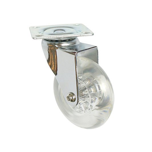 Roulette de meuble avec platine - transparente - Chrome - Ø7,5cm