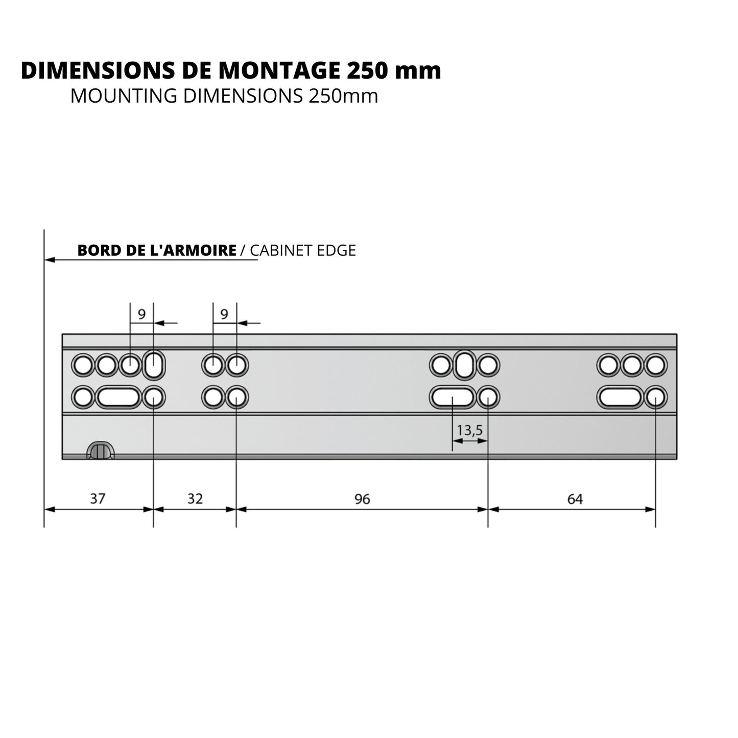 Ensemble de glissières dissimulée à fermeture silencieuse (gauche et droite), extension complète 250mm
