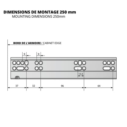 Ensemble de glissières dissimulée à fermeture silencieuse (gauche et droite), extension complète 250mm