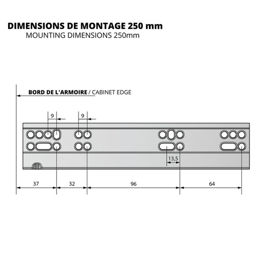 Ensemble de glissières dissimulée à fermeture silencieuse (gauche et droite), extension complète 250mm