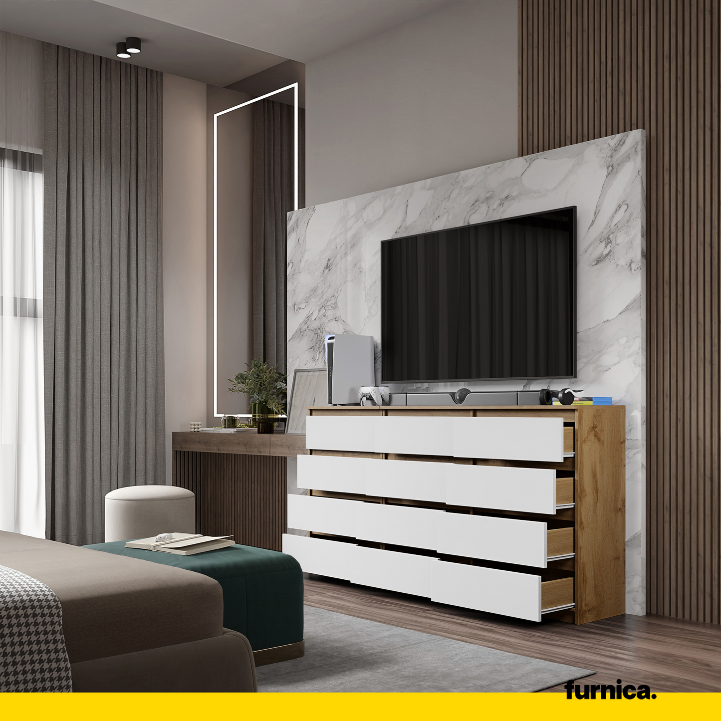 GABRIEL - Commode 12 Tiroirs (8+4) - H92cm L180cm P33cm (Chêne Wotan / Blanc Matt)