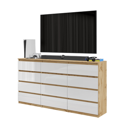 GABRIEL - Commode 12 Tiroirs (8+4) - H92cm L180cm P33cm (Chêne Wotan / Blanc Brillant)