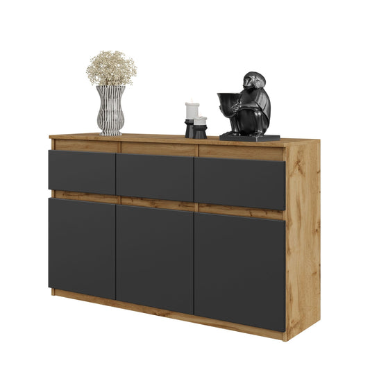 NOAH - Commode 3 Tiroirs et 3 Portes - Meuble de Rangement pour Couloir / Chambre - Buffet - H75cm L120cm P35cm (Chêne Wotan / Anthracite)