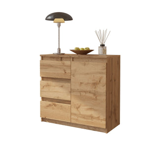 MIKEL - Commode 3 Tiroirs et 1 Porte - Armoire de Rangement pour Couloir / Chambre à Coucher - Buffet - H75cm L80cm P35cm (Chêne Wotan)
