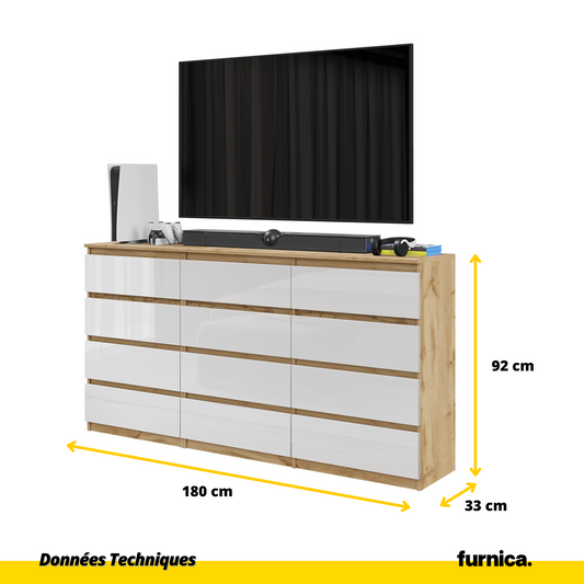 GABRIEL - Commode 12 Tiroirs (8+4) - H92cm L180cm P33cm (Chêne Wotan / Blanc Brillant)
