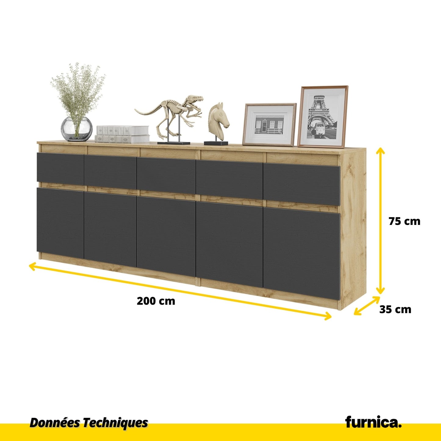 NOAH - Commode 5 Tiroirs et 5 Portes - Armoire de Rangement pour Couloir / Chambre à Coucher - Buffet - Chêne Wotan / Anthracite H75cm L200cm P35cm