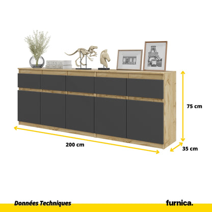 NOAH - Commode 5 Tiroirs et 5 Portes - Armoire de Rangement pour Couloir / Chambre à Coucher - Buffet - Chêne Wotan / Anthracite H75cm L200cm P35cm