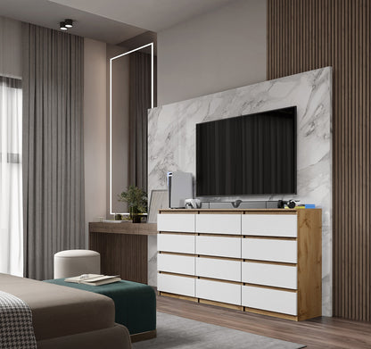 GABRIEL - Commode 12 Tiroirs (8+4) - H92cm L180cm P33cm (Chêne Wotan / Blanc Matt)