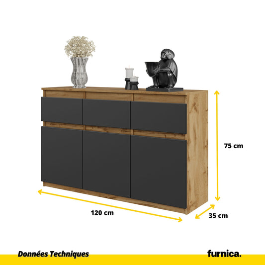 NOAH - Commode 3 Tiroirs et 3 Portes - Meuble de Rangement pour Couloir / Chambre - Buffet - H75cm L120cm P35cm (Chêne Wotan / Anthracite)