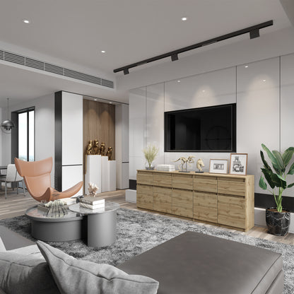 NOAH - Commode 5 Tiroirs et 5 Portes - Armoire de Rangement pour Couloir / Chambre à Coucher - Buffet - Chêne Wotan H75cm L200cm P35cm