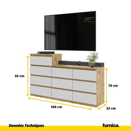 GABRIEL - Commode 10 Tiroirs (6+4) - H92/70 cm L160 cm P33 cm (Chêne Wotan / Blanc Matt)