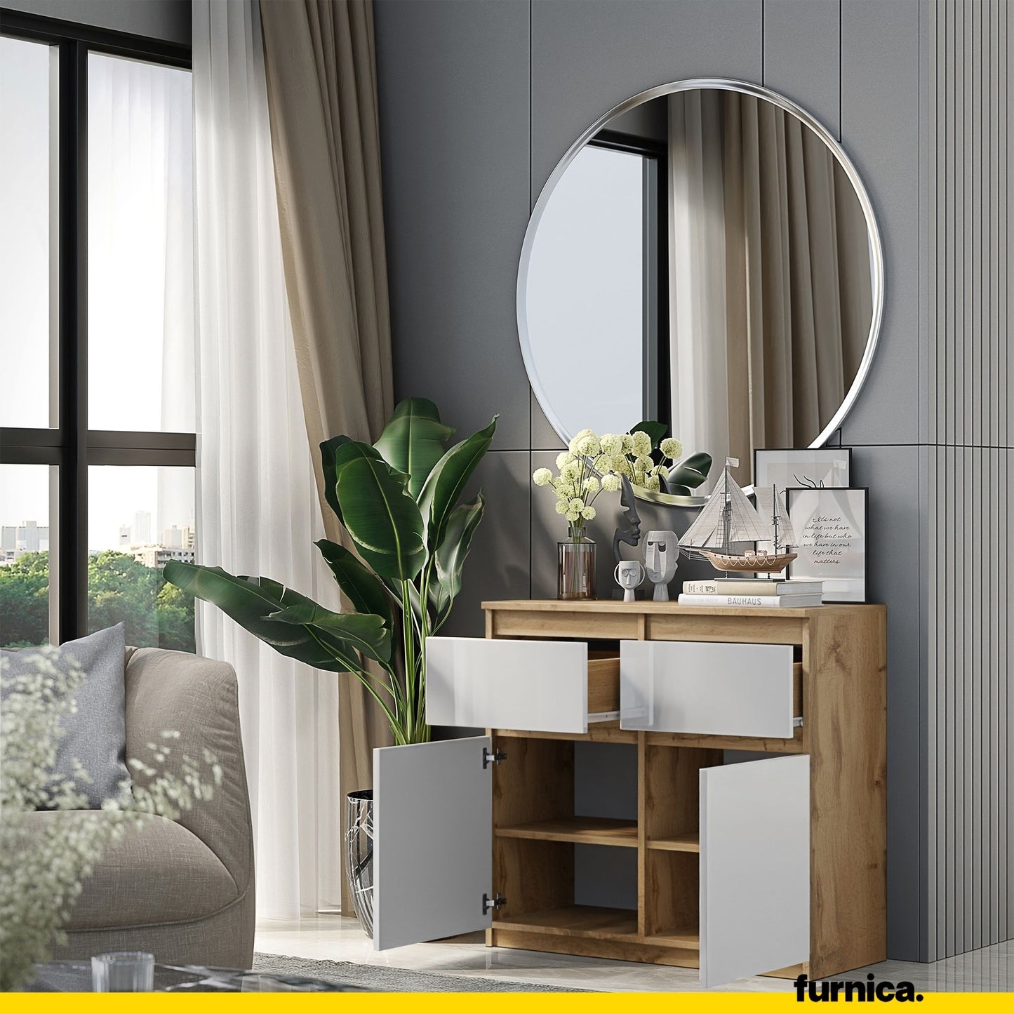 NOAH - Commode 2 Tiroirs et 2 Portes - Meuble de Rangement pour Couloir / Chambre - Buffet - H75cm L80cm P35cm (Chêne Wotan / Blanc Brillant)