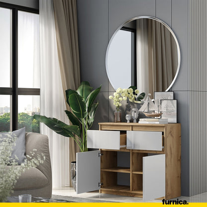 NOAH - Commode 2 Tiroirs et 2 Portes - Meuble de Rangement pour Couloir / Chambre - Buffet - H75cm L80cm P35cm (Chêne Wotan / Blanc Brillant)