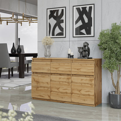 NOAH - Commode 3 Tiroirs et 3 Portes - Meuble de Rangement pour Couloir / Chambre - Buffet - H75cm L120cm P35cm (Chêne Wotan)