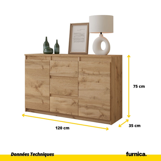 MIKEL - Commode 3 Tiroirs et 2 Portes - Armoire de Rangement pour Couloir / Chambre à Coucher - Buffet - H75cm L120cm P35cm (Chêne Wotan)