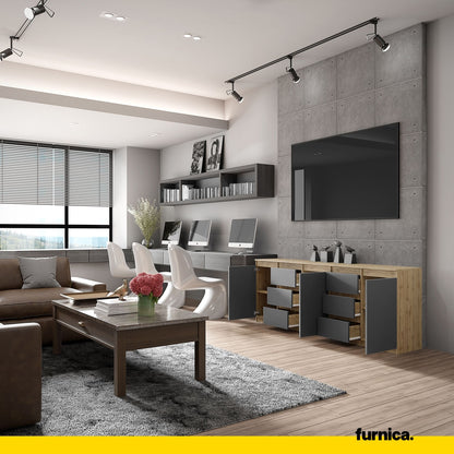 MIKEL - Commode 6 Tiroirs et 3 Portes - Armoire de Rangement pour Couloir / Chambre à Coucher - Buffet - Chêne Wotan / Anthracite H75cm L200cm P35cm