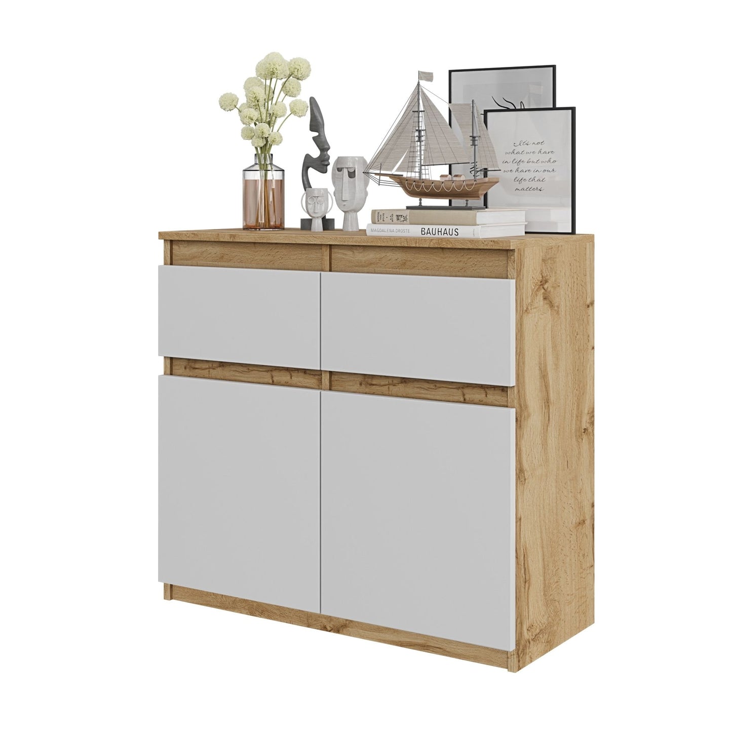 NOAH - Commode 2 Tiroirs et 2 Portes - Meuble de Rangement pour Couloir/Chambre - Buffet - H75cm L80cm P35cm (Chêne Wotan/Blanc)