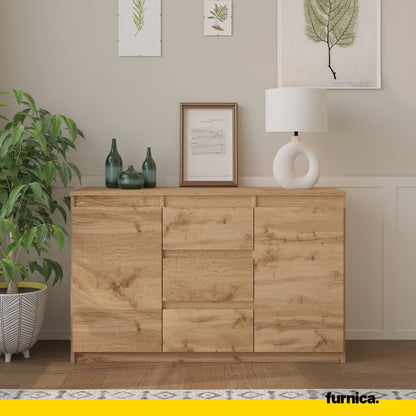 MIKEL - Commode 3 Tiroirs et 2 Portes - Armoire de Rangement pour Couloir / Chambre à Coucher - Buffet - H75cm L120cm P35cm (Chêne Wotan)