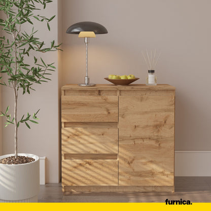 MIKEL - Commode 3 Tiroirs et 1 Porte - Armoire de Rangement pour Couloir / Chambre à Coucher - Buffet - H75cm L80cm P35cm (Chêne Wotan)