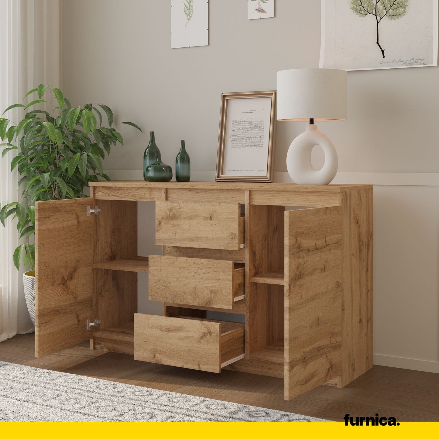 MIKEL - Commode 3 Tiroirs et 2 Portes - Armoire de Rangement pour Couloir / Chambre à Coucher - Buffet - H75cm L120cm P35cm (Chêne Wotan)