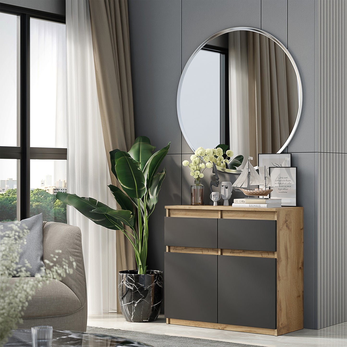 NOAH - Commode 2 Tiroirs et 2 Portes - Meuble de Rangement pour Couloir/Chambre - Buffet - H75cm L80cm P35cm (Chêne Wotan/Anthracite)