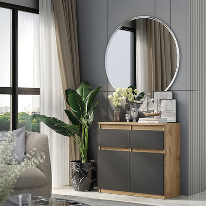 NOAH - Commode 2 Tiroirs et 2 Portes - Meuble de Rangement pour Couloir/Chambre - Buffet - H75cm L80cm P35cm (Chêne Wotan/Anthracite)