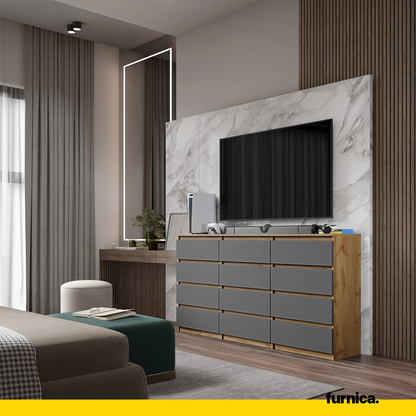 GABRIEL - Commode 12 Tiroirs (8+4) - H92cm L180cm P33cm (Chêne Wotan / Anthracite)