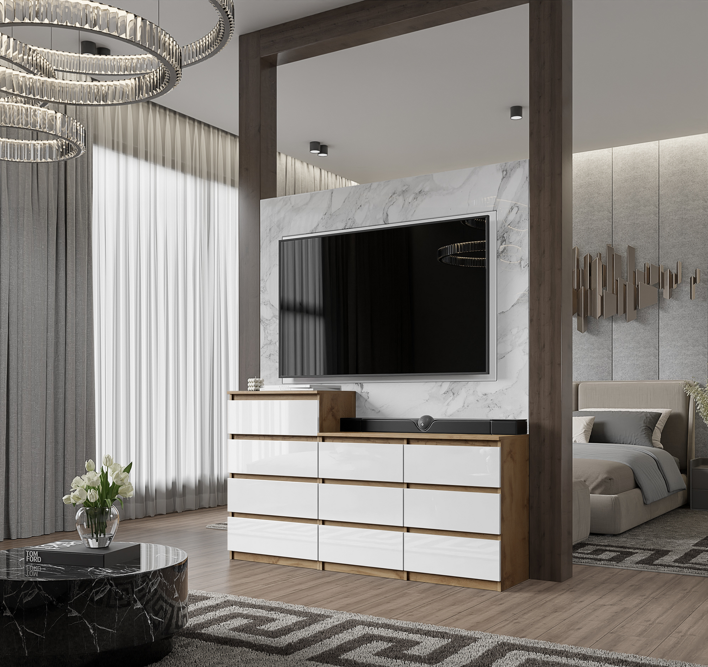 GABRIEL - Commode 10 Tiroirs (6+4) - H92/70 cm L160 cm P33 cm (Chêne Wotan / Blanc Brillant)