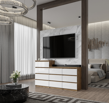 GABRIEL - Commode 10 Tiroirs (6+4) - H92/70 cm L160 cm P33 cm (Chêne Wotan / Blanc Brillant)