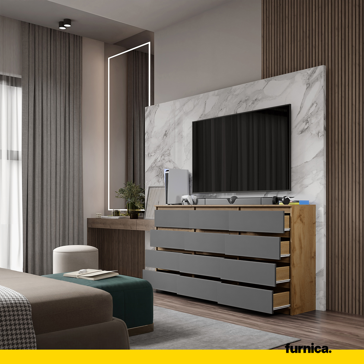 GABRIEL - Commode 12 Tiroirs (8+4) - H92cm L180cm P33cm (Chêne Wotan / Anthracite)