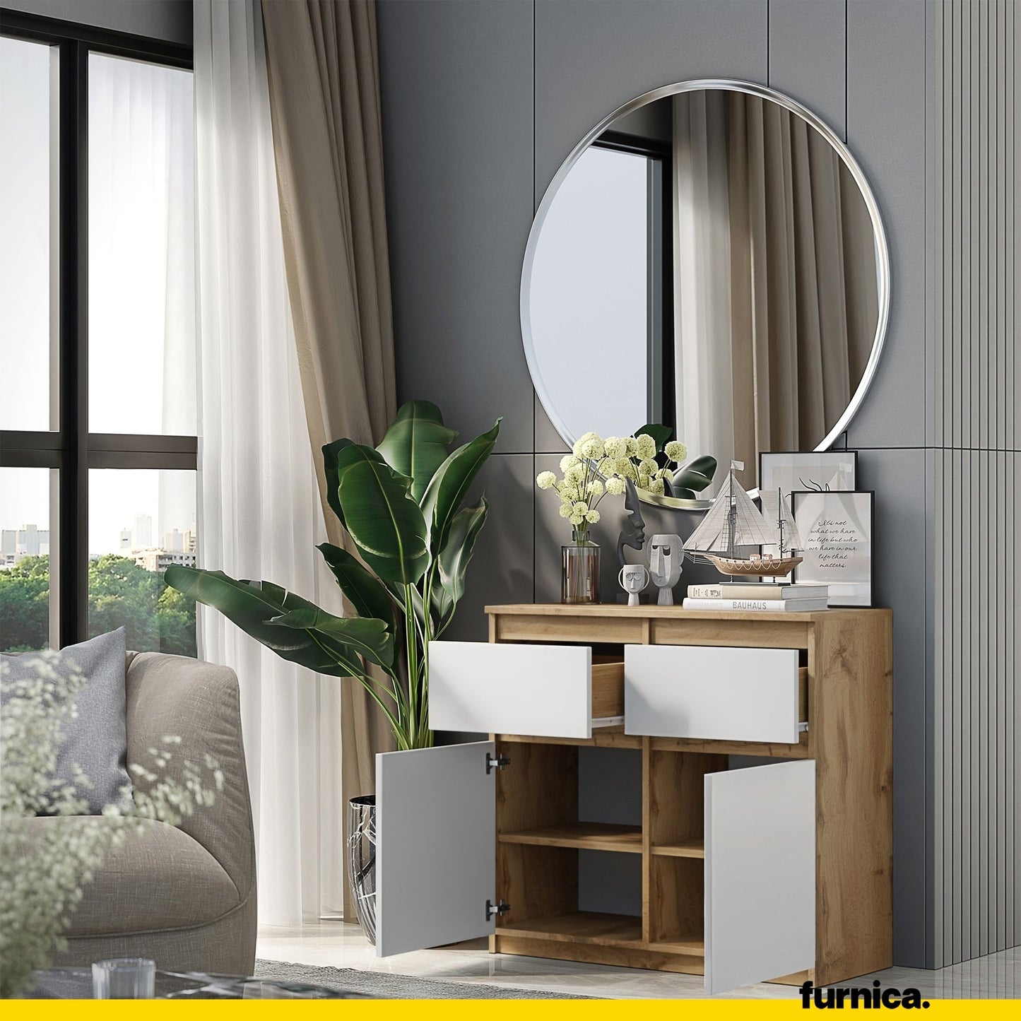 NOAH - Commode 2 Tiroirs et 2 Portes - Meuble de Rangement pour Couloir/Chambre - Buffet - H75cm L80cm P35cm (Chêne Wotan/Blanc)