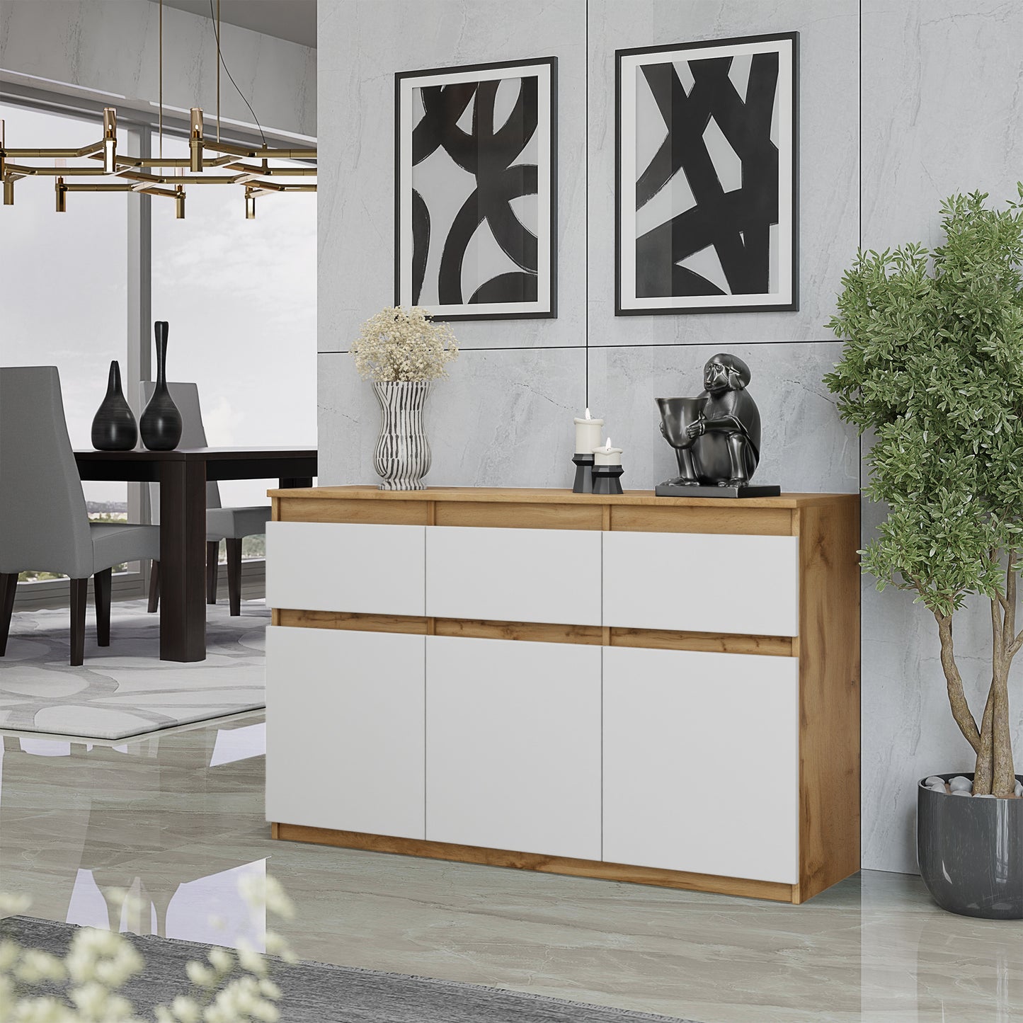 NOAH - Commode 3 Tiroirs et 3 Portes - Meuble de Rangement pour Couloir / Chambre - Buffet - H75cm L120cm P35cm (Chêne Wotan / Blanc)