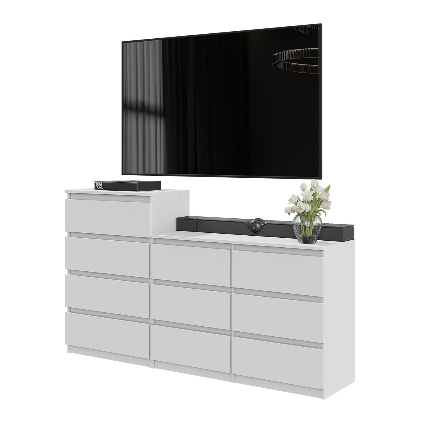 GABRIEL - Commode 10 Tiroirs (6+4) - H92/70 cm L160 cm P33 cm (Blanc)
