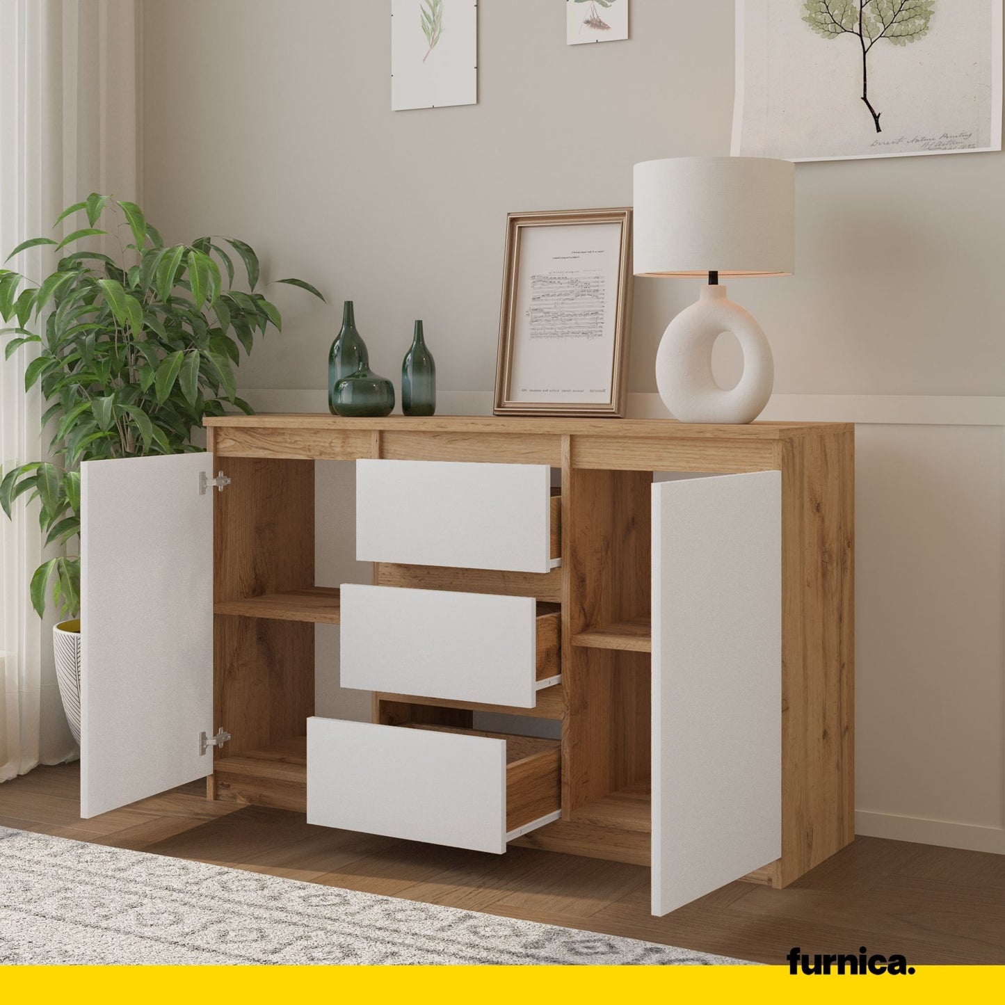 MIKEL - Commode 3 Tiroirs et 2 Portes - Armoire de Rangement pour Couloir / Chambre à Coucher - Buffet - H75cm L120cm P35cm (Chêne Wotan / Blanc)