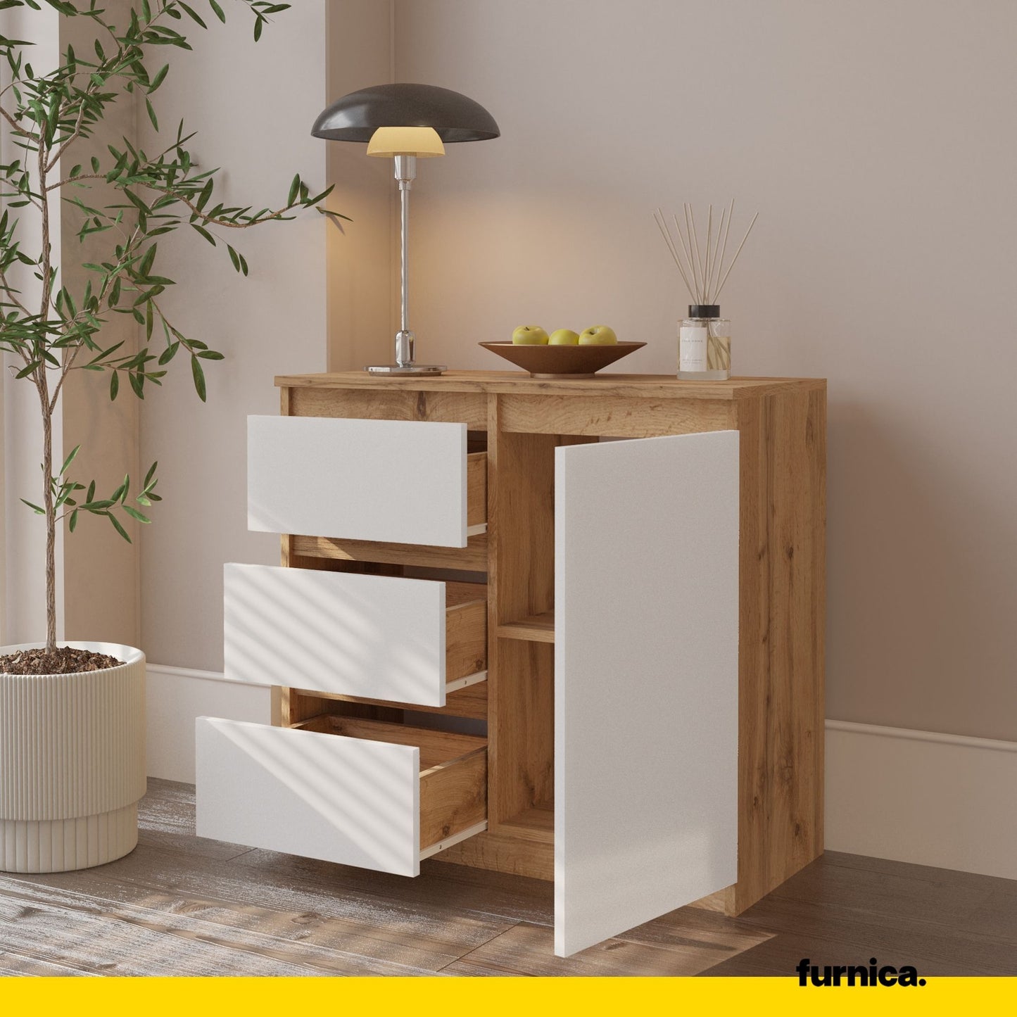 MIKEL - Commode 3 Tiroirs et 1 Porte - Armoire de Rangement pour Couloir / Chambre à Coucher - Buffet - H75cm L80cm P35cm (Chêne Wotan / Blanc)