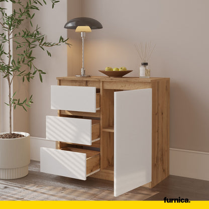 MIKEL - Commode 3 Tiroirs et 1 Porte - Armoire de Rangement pour Couloir / Chambre à Coucher - Buffet - H75cm L80cm P35cm (Chêne Wotan / Blanc)