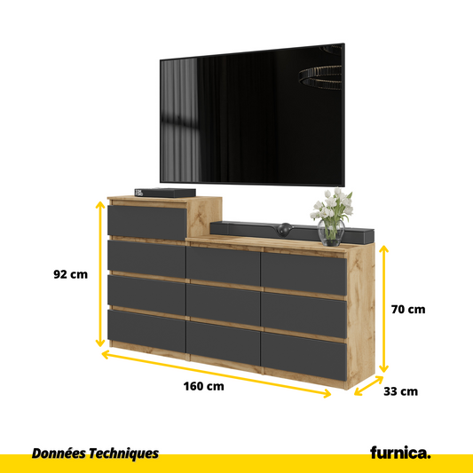 GABRIEL - Commode 10 Tiroirs (6+4) - H92/70 cm L160 cm P33 cm (Chêne Wotan / Anthracite)