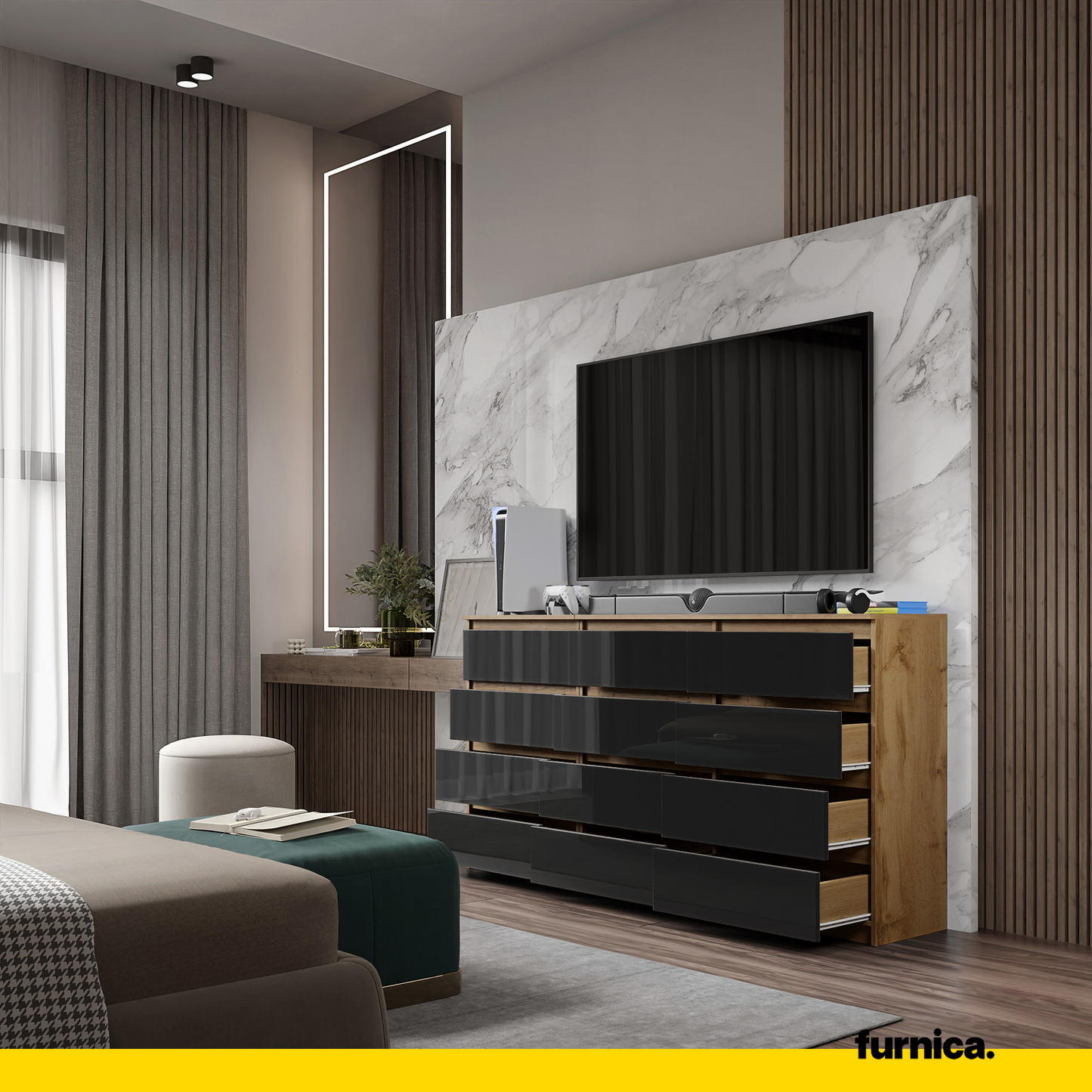 GABRIEL - Commode 12 Tiroirs (8+4) - H92cm L180cm P33cm (Chêne Wotan / Noir Brillant)