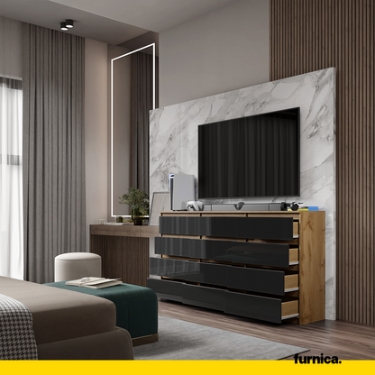 GABRIEL - Commode 12 Tiroirs (8+4) - H92cm L180cm P33cm (Chêne Wotan / Noir Brillant)