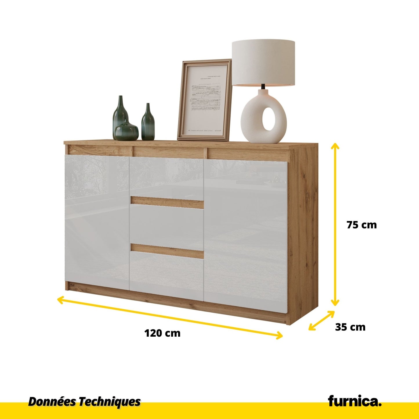 MIKEL - Commode 3 Tiroirs et 2 Portes - Armoire de Rangement pour Couloir / Chambre à Coucher - Buffet - H75cm L120cm P35cm (Chêne Wotan / Blanc Brillant)