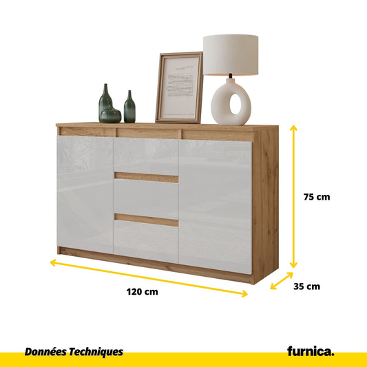 MIKEL - Commode 3 Tiroirs et 2 Portes - Armoire de Rangement pour Couloir / Chambre à Coucher - Buffet - H75cm L120cm P35cm (Chêne Wotan / Blanc Brillant)